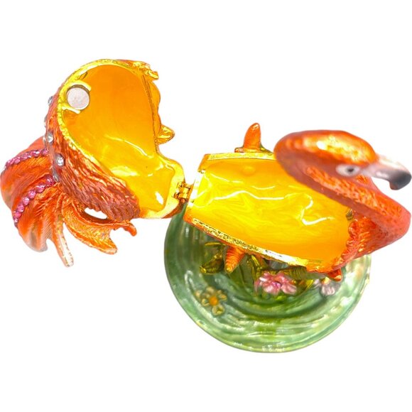 Pink Flamingo Jewelry Trinket Box Hinged Magnetic Clasp Enamel Crystal Jewels 4" - Picture 7 of 15